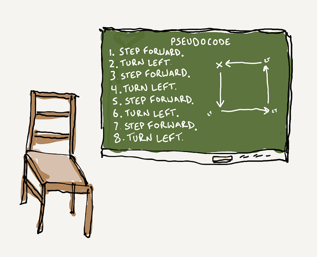 Chair with Pseudocode on the board.