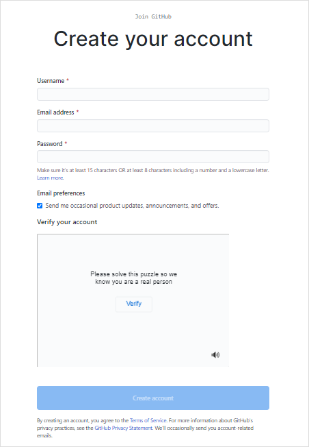 Create account page