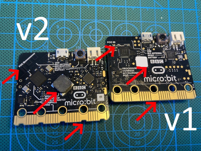 micro:bit v1 and micro:bit V2 back side by side