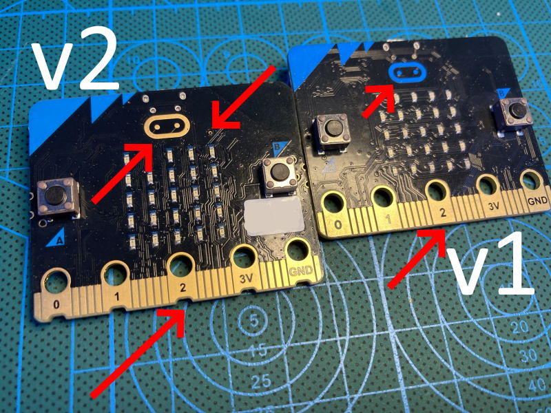 micro:bit v1 and micro:bit V2 front side by side